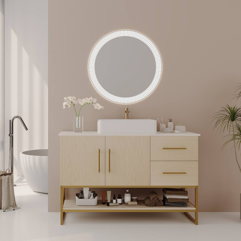 Left. Loheer - Loheer 36 inch modern bathroom vanity with Ceramic Vessel Sink, American White Oak - American White Oak, Gold, White.