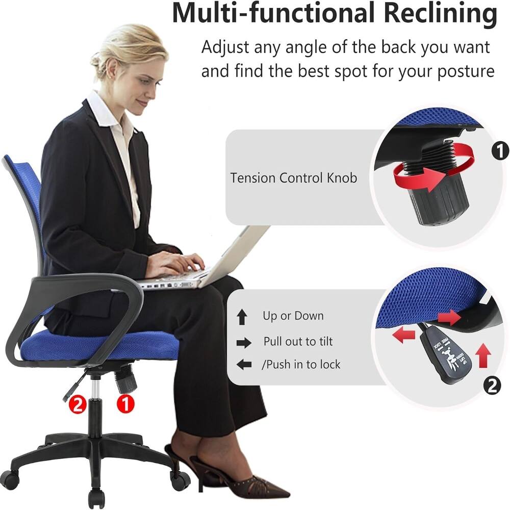 Multi-functional Reclining

Adjust any angle of the back you want and find the best spot for your posture

1. Tension Control Knob
   - Up or Down
   - Pull out to tilt
   - Push in to lock

2.