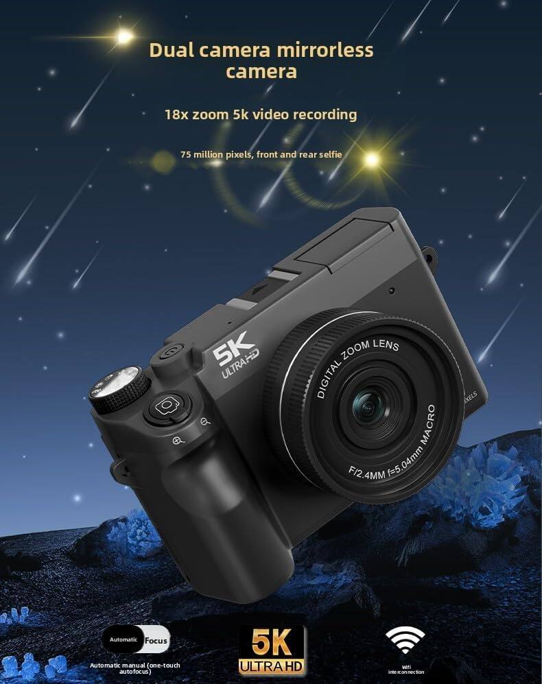 Dual camera mirrorless camera  
18x zoom 5k video recording  
75 million pixels, front and rear selfie  

5K ULTRA HD  
DIGITAL ZOOM LENS  
F/2.4MM f=5.04mm  
Automatic Focus  
Automatic manual (one-touch autofocus)  

WiFi connection