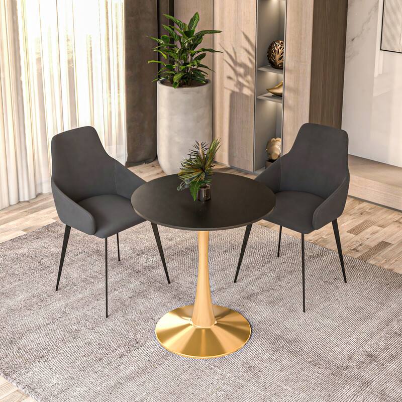 Angle. LeisureMod - Bristol 24" Round MDF/Sintered Stone Dining Table, Modern Pedestal Base - Scratch-Resistant Kitchen & Cafe Table - MDF - Black.