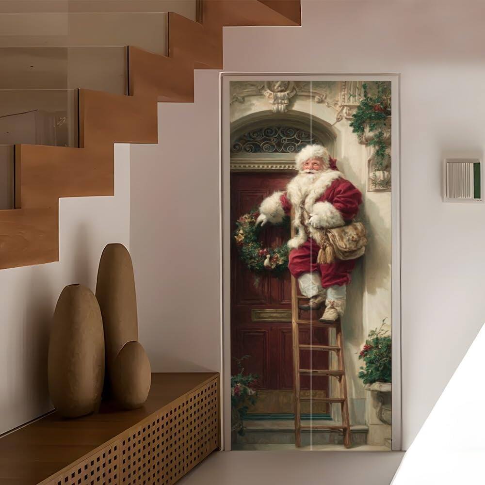 Left. MOSZAR LLC - Santa Climbing Ladder Door Sticker, 30×78 in, Removable Vinyl Holiday Decor - red.