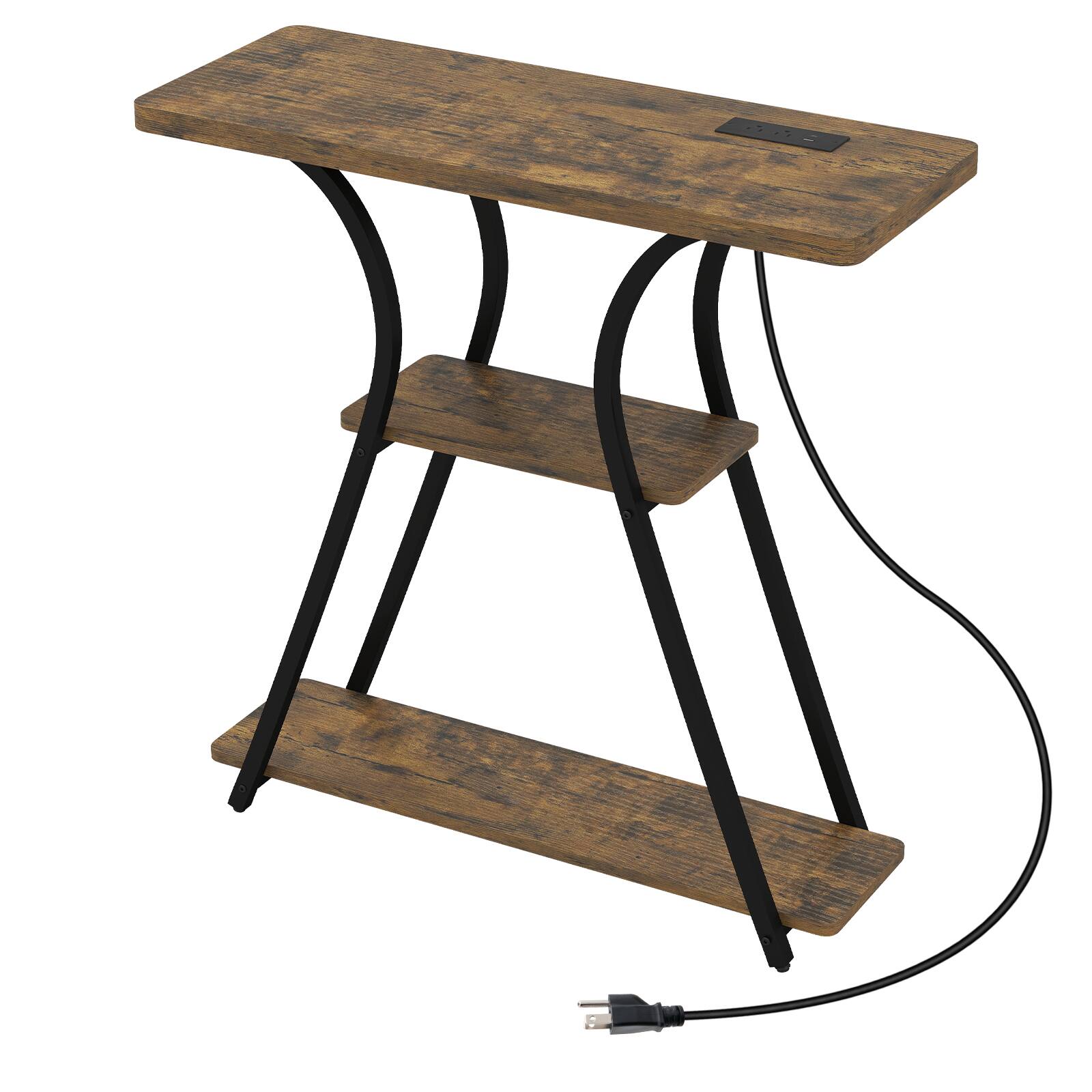 Alt View 9. Costway - Costway 32" Console Table with Power Outlets & LED Lights, Storage Shelves & Metal Frame - Rustic Brown + Black.