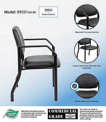 Model: B9591AM-BK  
Weight Capacity: 300 lbs  

Separation for easy cleaning  
Tubular steel frame with wall saver leg design  
Antimicrobial vinyl upholstery  

CERTIFIED GREEN  
Our chairs are made to 10 MAS Green Certified products. They are designed and manufactured to meet low VOC chemical durability, stability, and usage standards, GRADE in both commercial and home office settings.