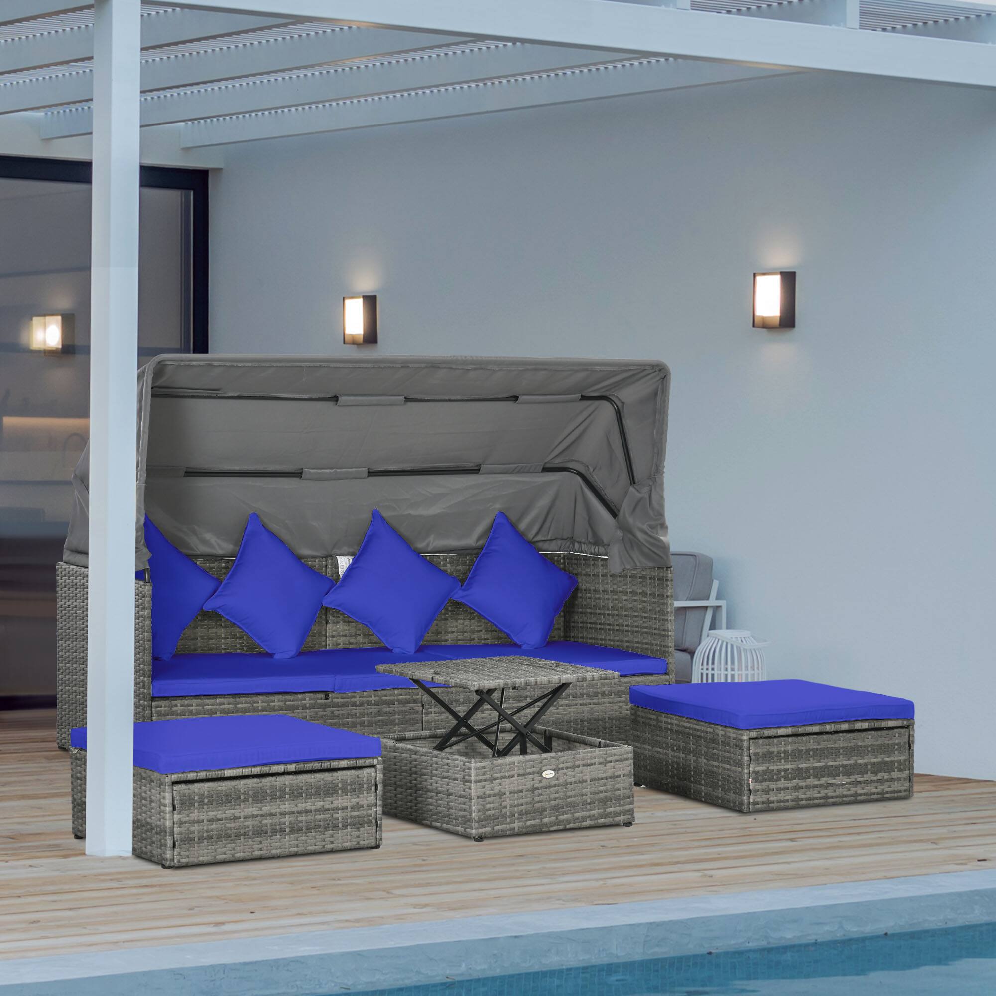 Alt View 1. Outsunny - Piece Adjustable Canopy Outdoor Rattan Sofa Set w/ Height Adjustable Coffee Table & Cushions - Dark Blue.