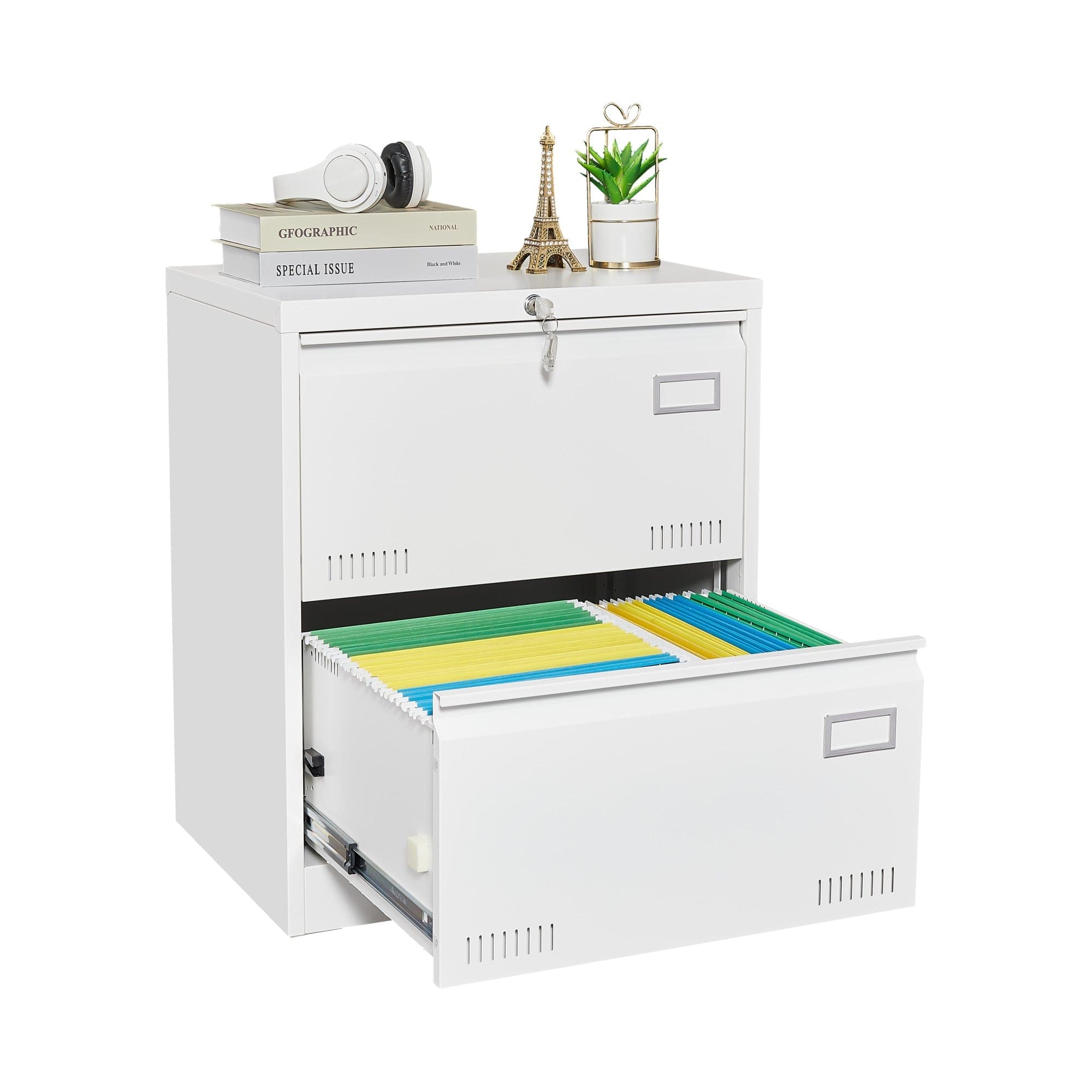 Boyel Living - Filing Cabinet Lateral File Cabinet 2 Drawer with Lock Metal File Cabinets Three Drawer Office Cabinet - White