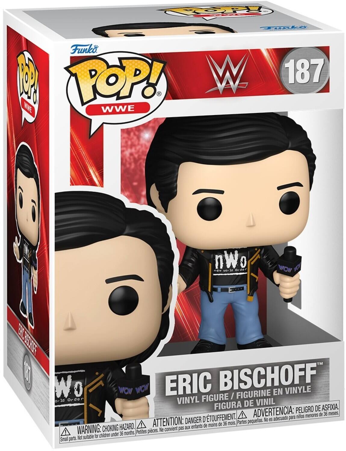 Funko POP! WWE #187 Eric Bischoff  
Vinyl Figure / Figurine en Vinyle / Figura de Vinil  
Warning: Choking Hazard. Small parts. Not suitable for children under 36 months.  
Advertencia: Peligro de asfixia. No es adecuado para niños menores de 36 meses.  
Attention: Danger d'étouffement. Ne convient pas aux enfants de moins de 36 mois.