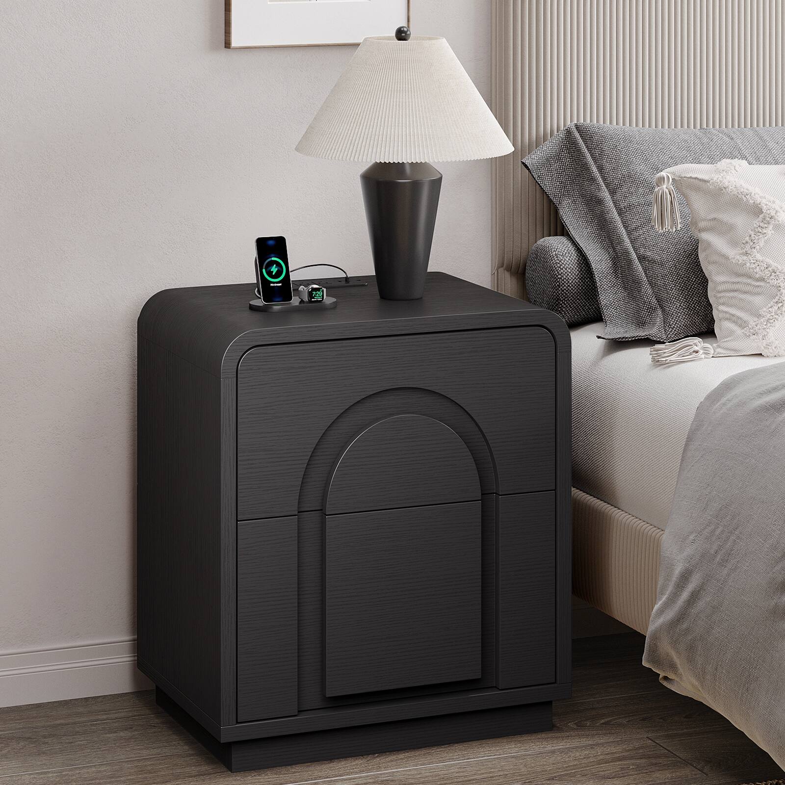 Angle. Bestier - Nightstand with 2 Drawers, Charging Station & Arched Design, Embossed Bedroom End Table for Bedroom - Set of 2-Black Grained.