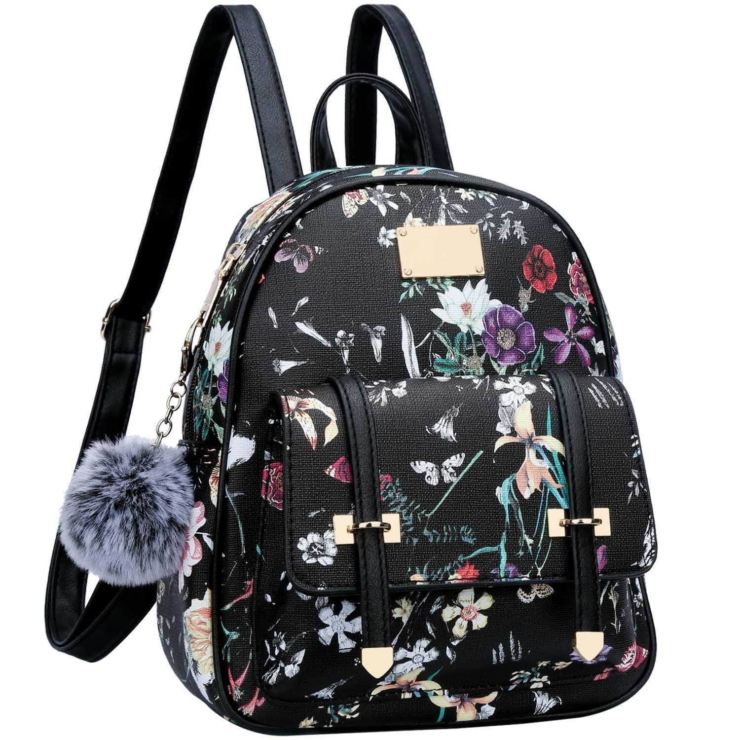 Front. Pacoar Cade - Small Backpack Purse Vegan Leather Mini Bookbag For Women Cute Teen Pompom Daypack - Black Flower-Small.