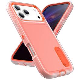 Dteck - Heavy Duty Case for Apple iPhone 17 Pro Max w/ Foldable Kickstand,Dual-Layer Shockproof Hard PC Soft Silicone Cover - Clear/Orange