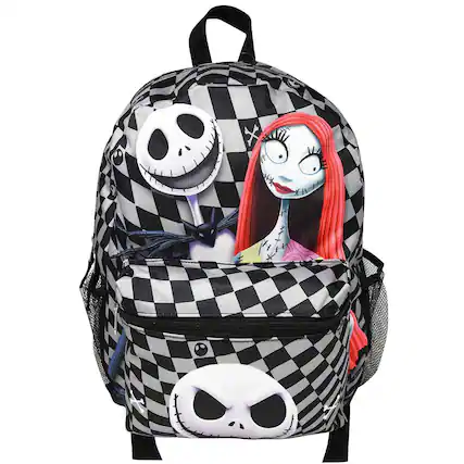 Front. UPD - Black & White Nightmare Before Christmas Checkered 16" School Backpack for Kids - Multicolored.