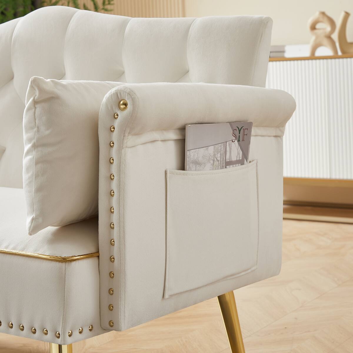 Back. Ropilly - Ropilly Cream White 2 Seater Sofa, Contemporary Tufted Velvet Sofa with Metal Legs - Cream White.