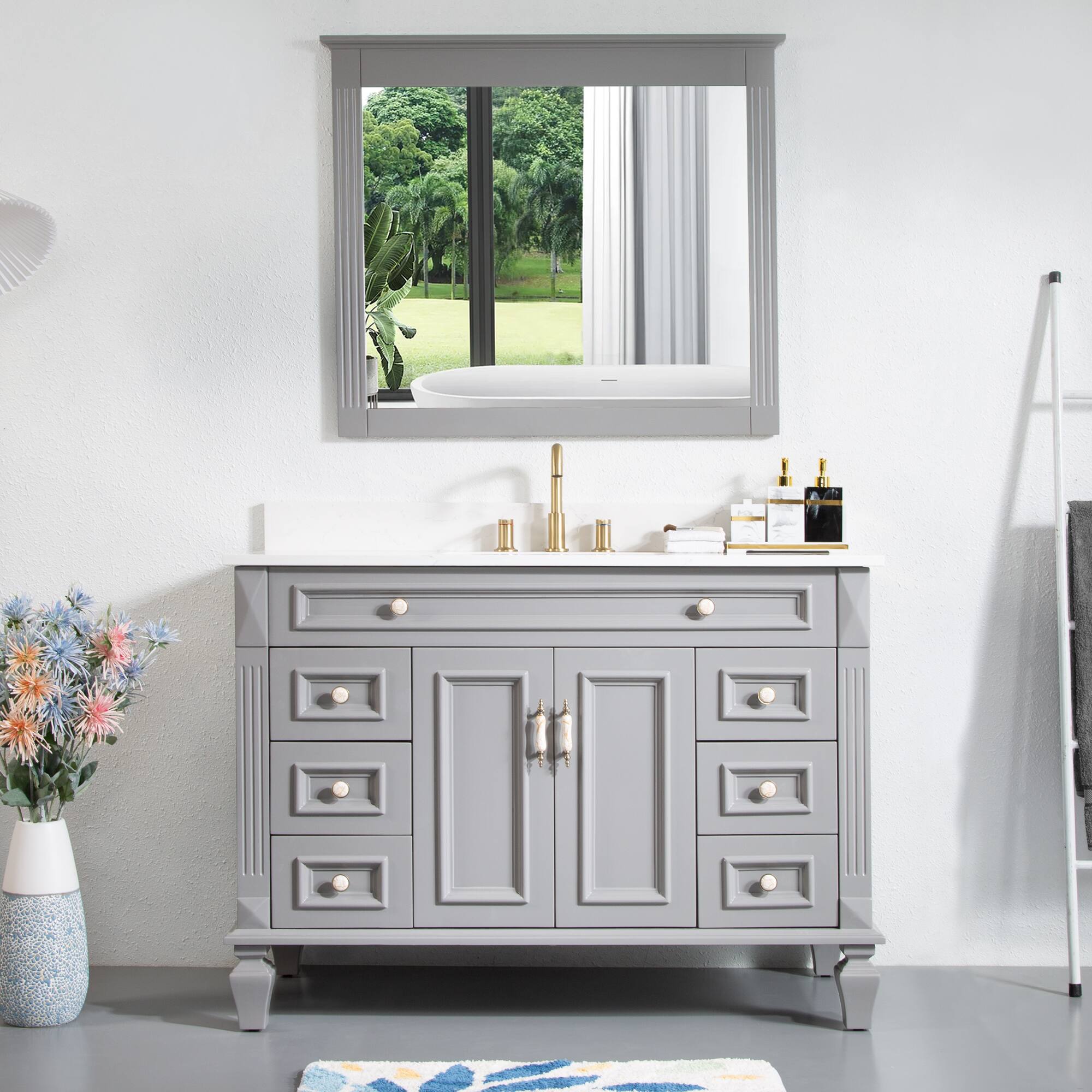 Angle. WELLFOR - ARTWOOD 48 in. Solid Wood Bath Vanity with Quartz Top, Single Sink, Soft Close, Assembled - Gray.