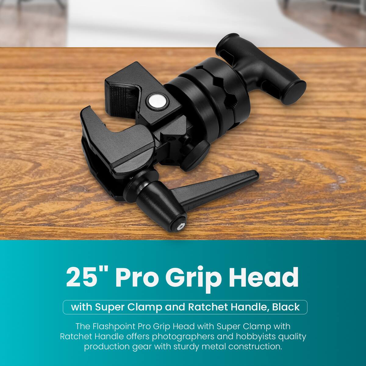 25" Pro Grip Head with Super Clamp and Ratchet Handle, Black

The Flashpoint Pro Grip Head with Super Clamp and Ratchet Handle offers photographers and hobbyists quality production gear with sturdy metal construction.