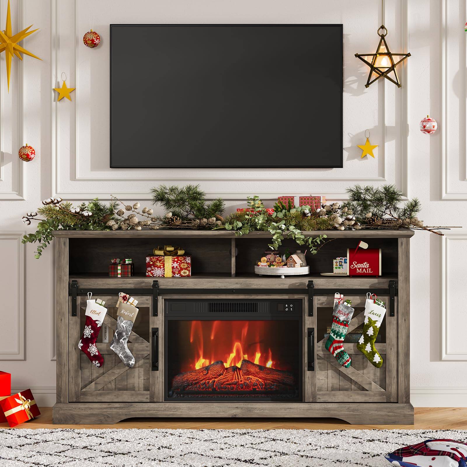 Jojoka - 60" Farmhouse Fireplace TV Stand for TVs up to 65", 23" Electric Fireplace with Sliding Barn Door & Storage - Gray