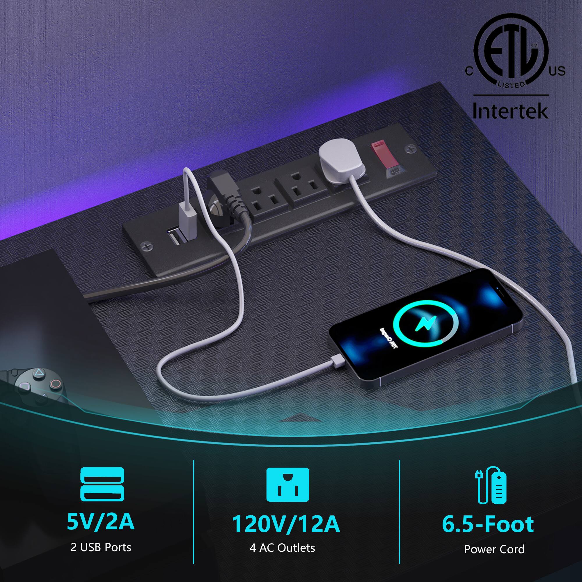 The text on the image reads: "C ETL US Listed Intertek CM M Ingress 5V/2A 2 USB Ports 120V/12A 4 AC Outlets 6.5-Foot Power Cord."