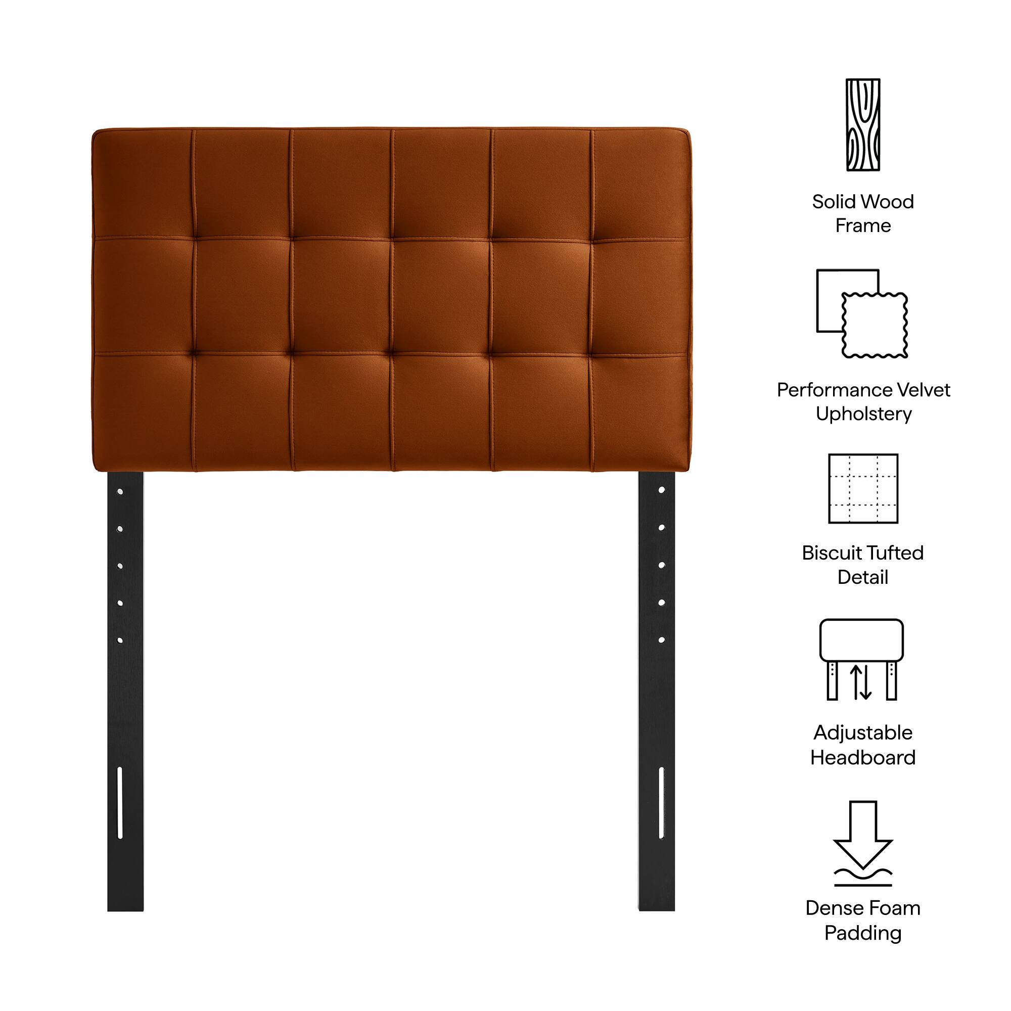 Solid Wood Frame  
Performance Velvet Upholstery  
Biscuit Tufted Detail  
Adjustable Headboard  
Dense Foam Padding