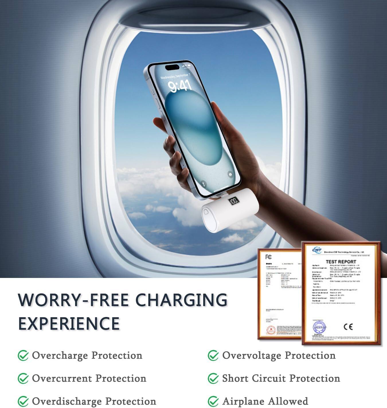 Worry-Free Charging Experience

- Overcharge Protection
- Overvoltage Protection
- Overcurrent Protection
- Short Circuit Protection
- Overdischarge Protection
- Airplane Allowed