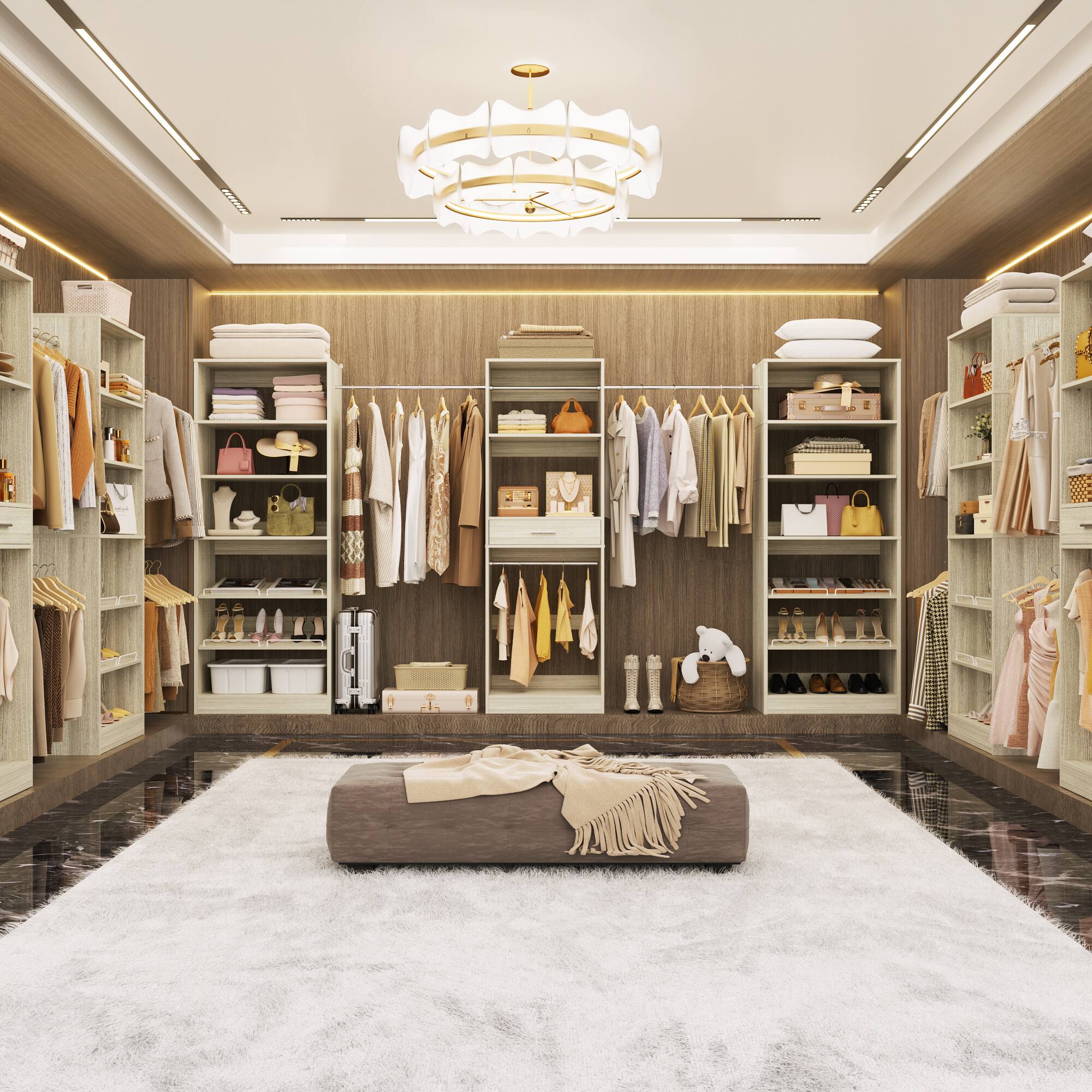 Back. Aheaplus - 146'' Closet System 3-Piece Set, Wardrobe System with Hanging Rods, Drawer and Adjustable Shelves - Beige Oak.