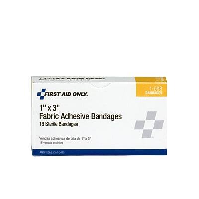 FIRST AID ONLY

1-008 BANDAGES

1" x 3" Fabric Adhesive Bandages

16 Sterile Bandages

Vendas adhesivas de tela de 1" x 3"

16 vendas esteriles

ANVISA 2015