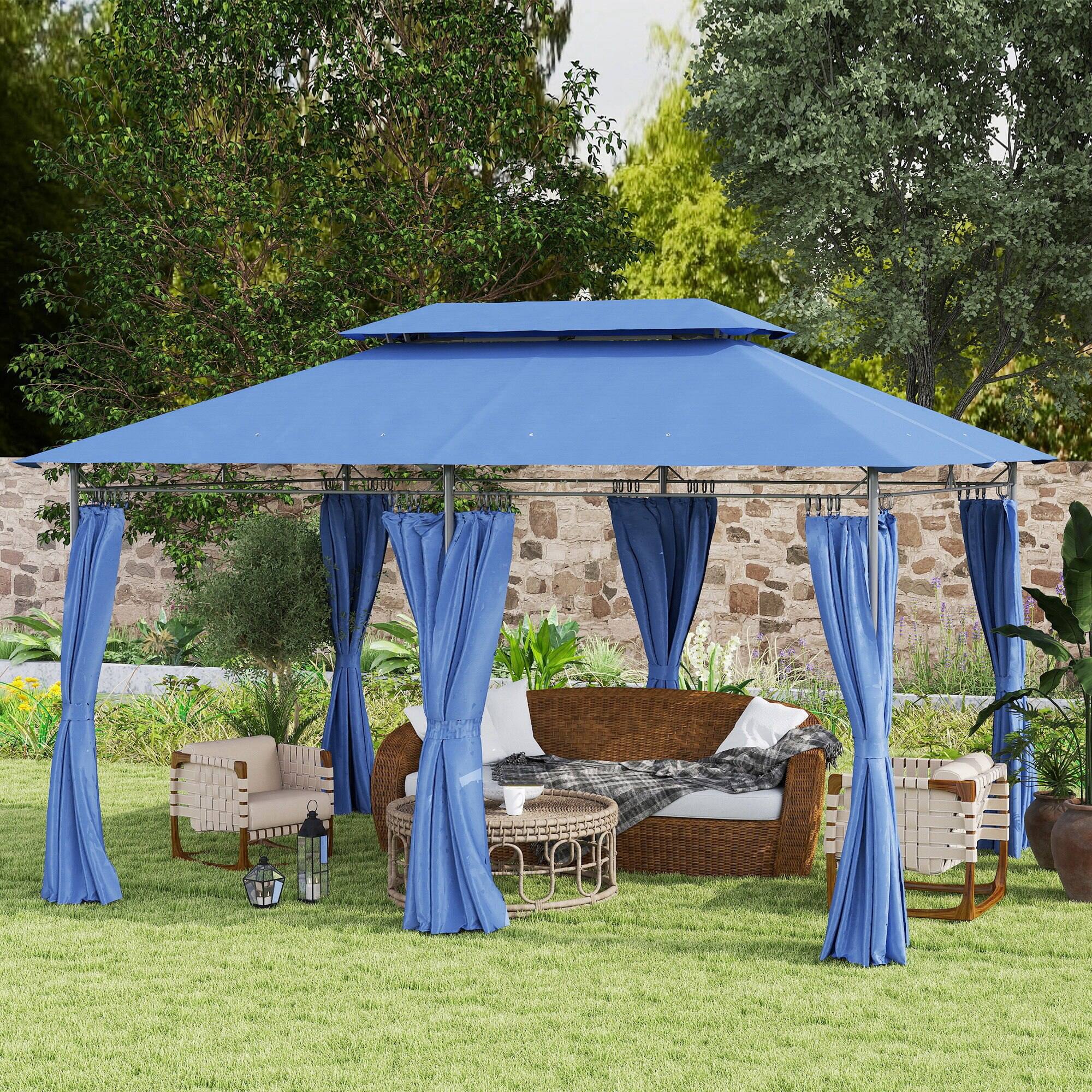 Angle. Outsunny -  10' x 13' Patio Gazebo, Double Roof Outdoor Gazebo Canopy Shelter with Curtains, Solid Metal Frame - Blue.