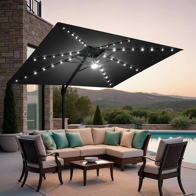 Alt View 7. Crestlive Products - Crestlive Products 9x11ft Aluminum Double Top Crank Cantilever Patio Umbrella with Lights with Base - Black.
