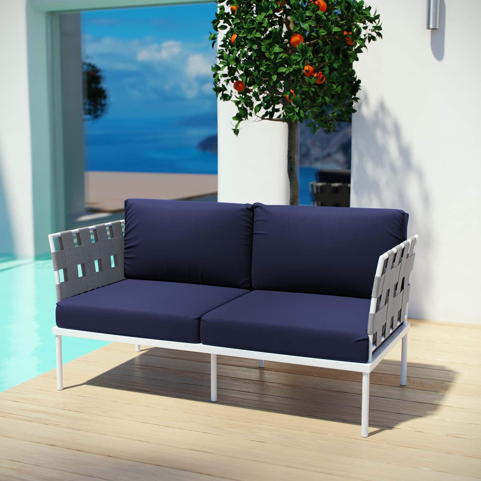 Harmony Outdoor Patio Aluminum Loveseat by Modway - White Navy