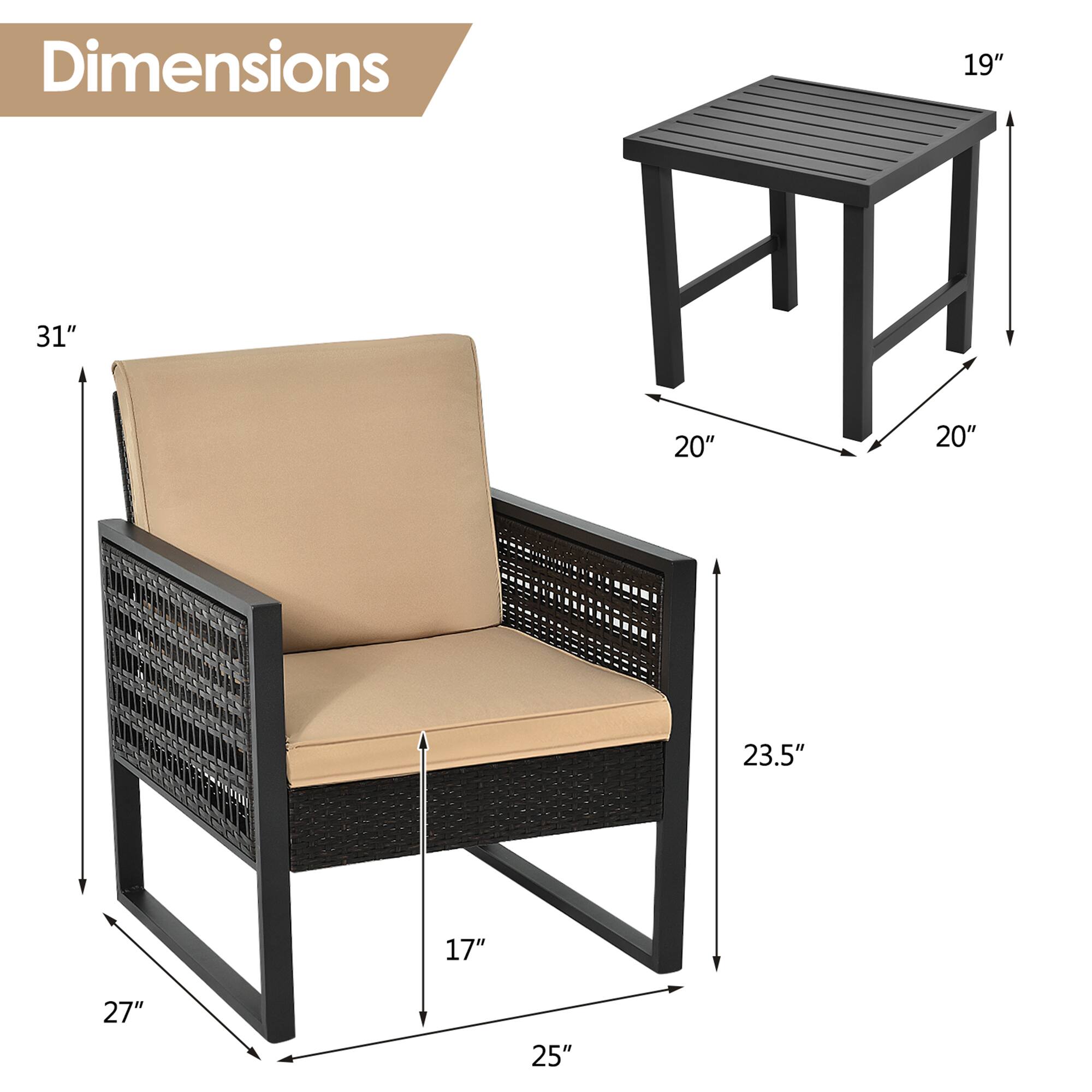 Dimensions  
19" x 20" x 20" (table)  
31" x 27" x 25" x 17" x 23.5" (chair)