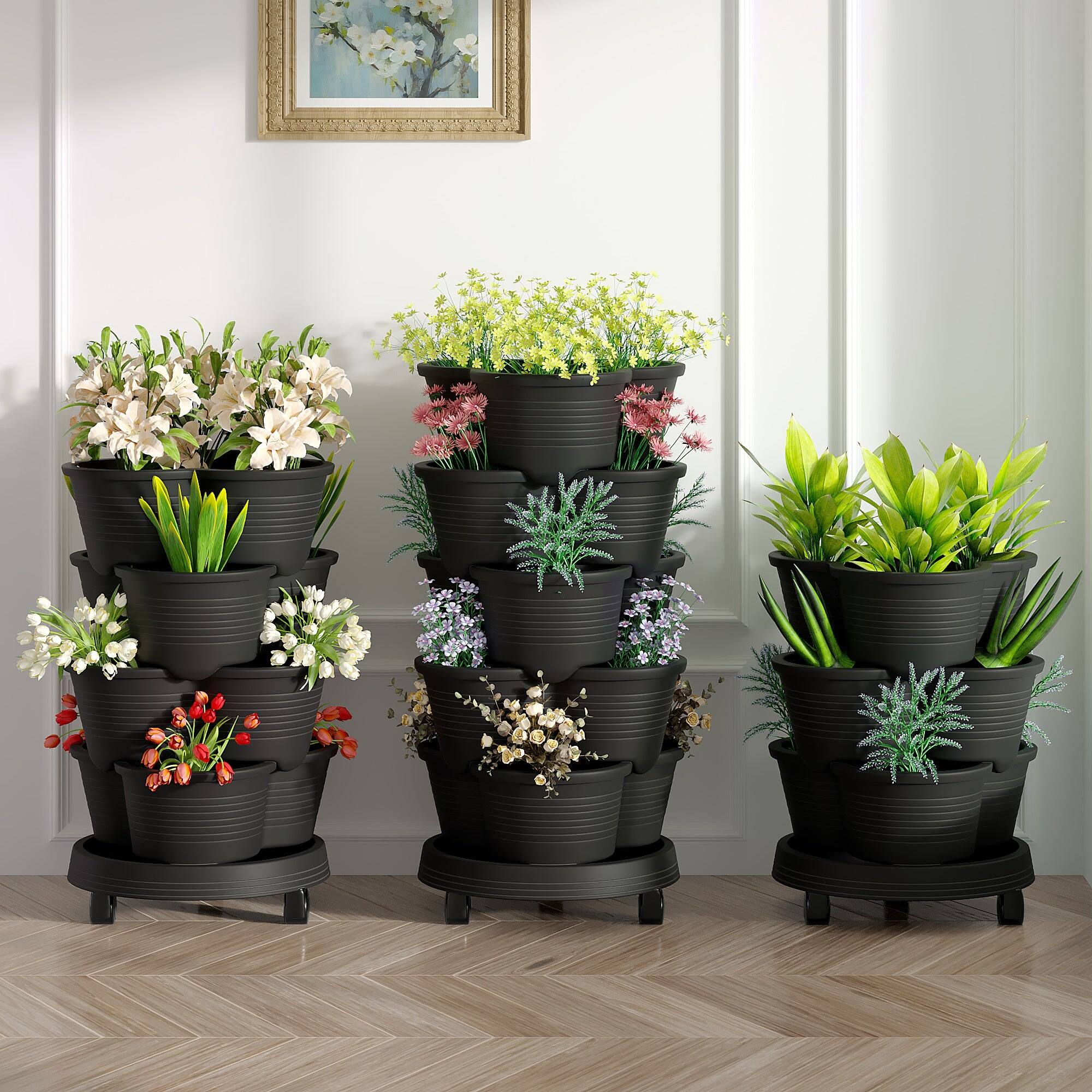 Alt View 7. Vecelo - 5-Tier Stackable Vertical Garden Planter with Drainage and Wheels for Indoor Outdoor Strawberry & Herb Growing.