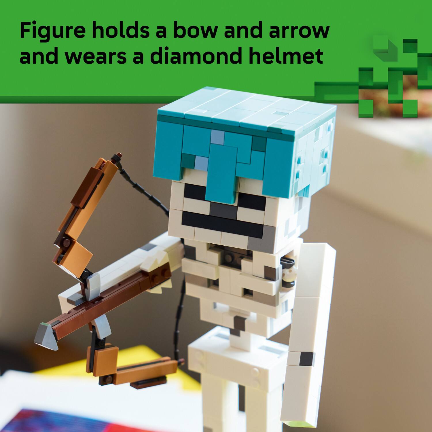 Figure holds a bow and arrow and wears a diamond helmet
