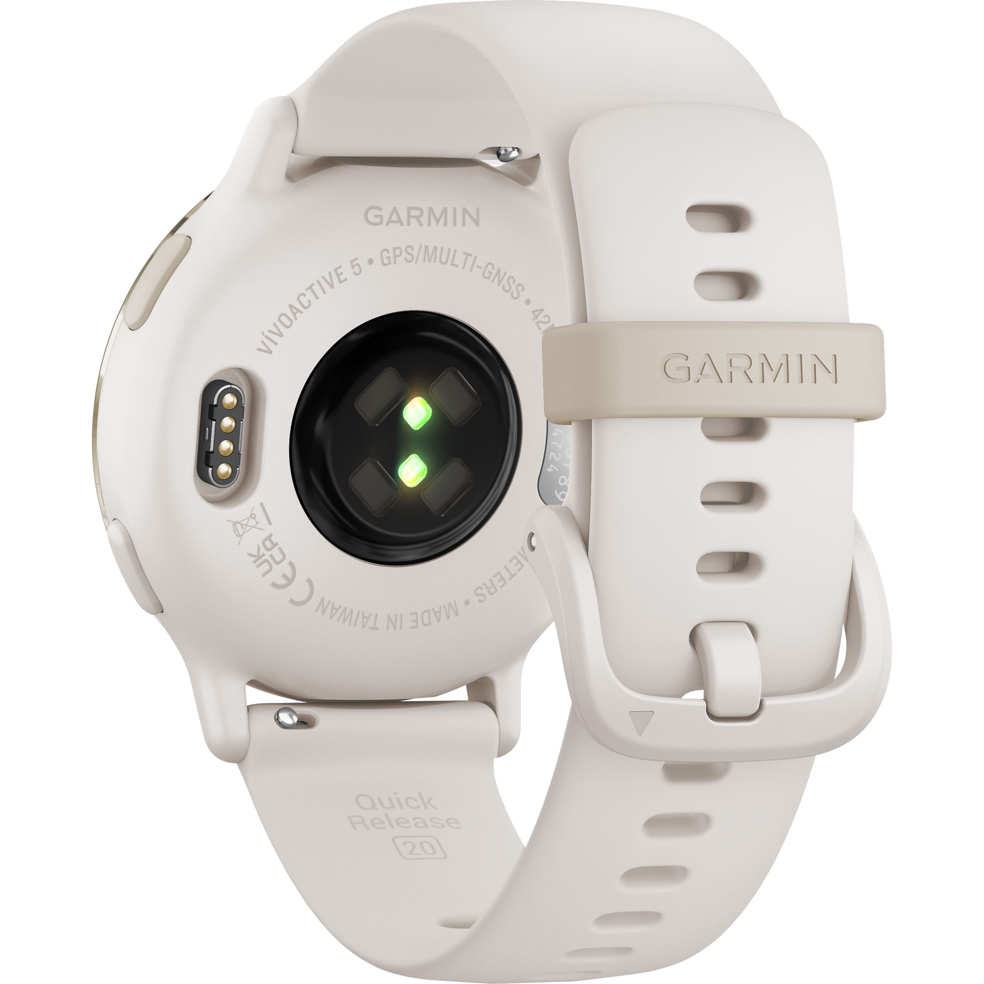 The image features a Garmin watch with a white face and a black band. The watch is designed for outdoor activities and has a GPS and multi-GNSS feature. It is made in Taiwan and has a Quick Release feature. The watch face is 42 millimeters in diameter and is equipped with a GPS and multi-GNSS system. The watch is suitable for various outdoor activities and is designed to provide accurate tracking and navigation.