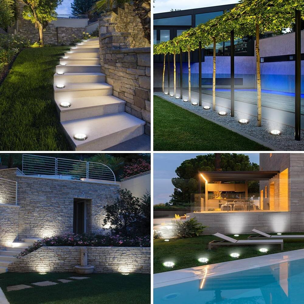 Back. MOSZAR LLC - 16 Pack Solar Ground Lights Outdoor, 8 LED Solar Disc - Wh.