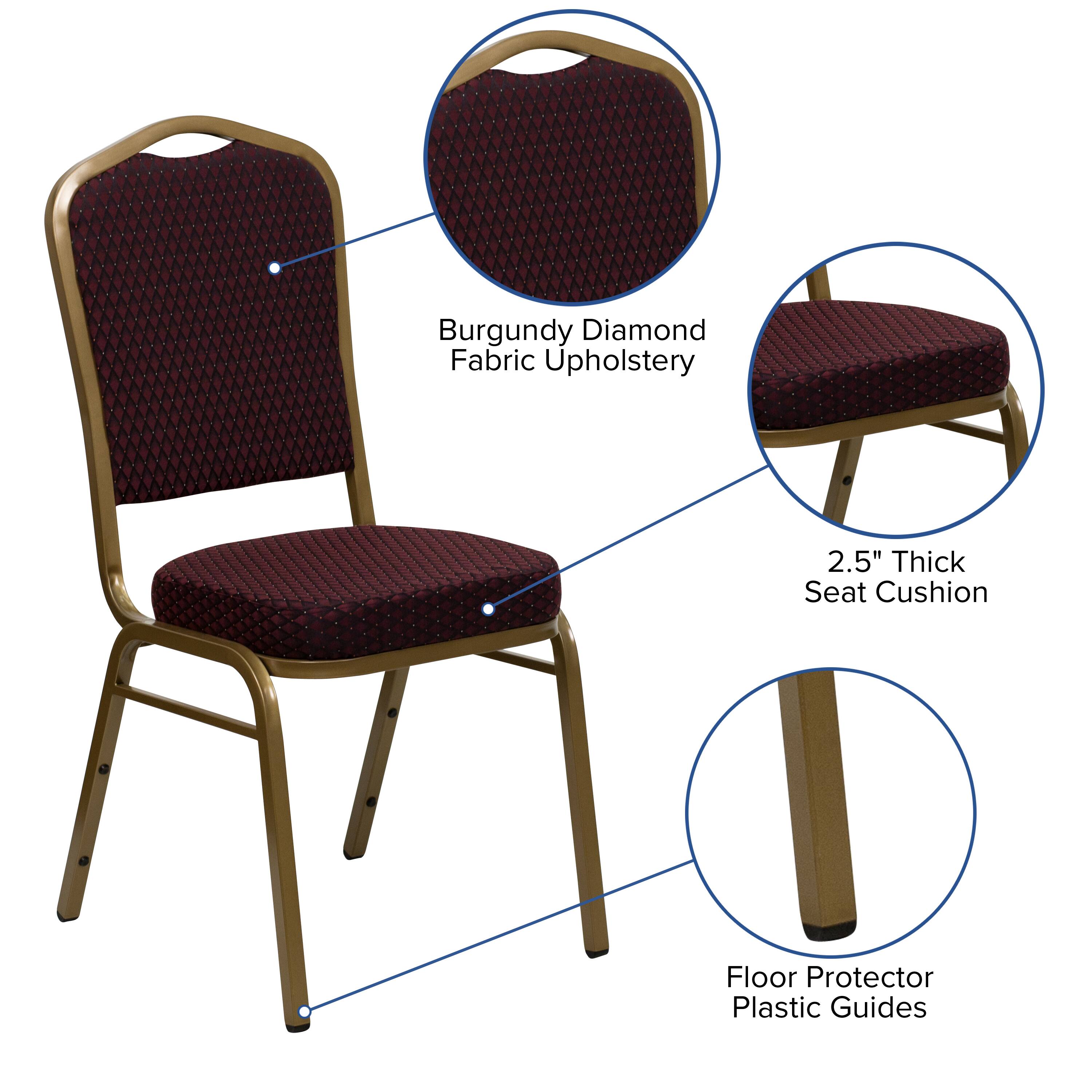 Burgundy Diamond Fabric Upholstery  
2.5" Thick Seat Cushion  
Floor Protector Plastic Guides