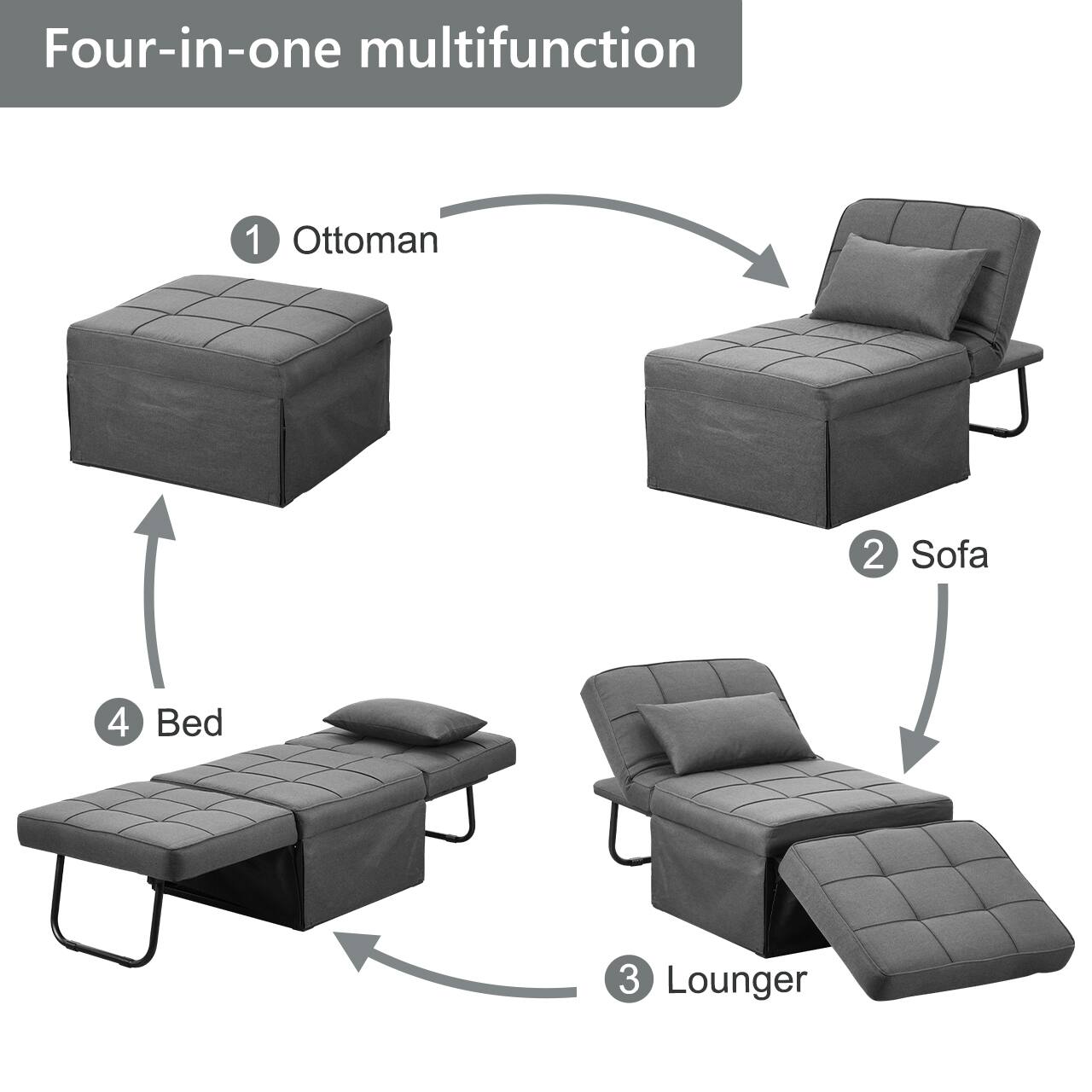 Four-in-one multifunction  
1. Ottoman  
2. Sofa  
3. Lounger  
4. Bed