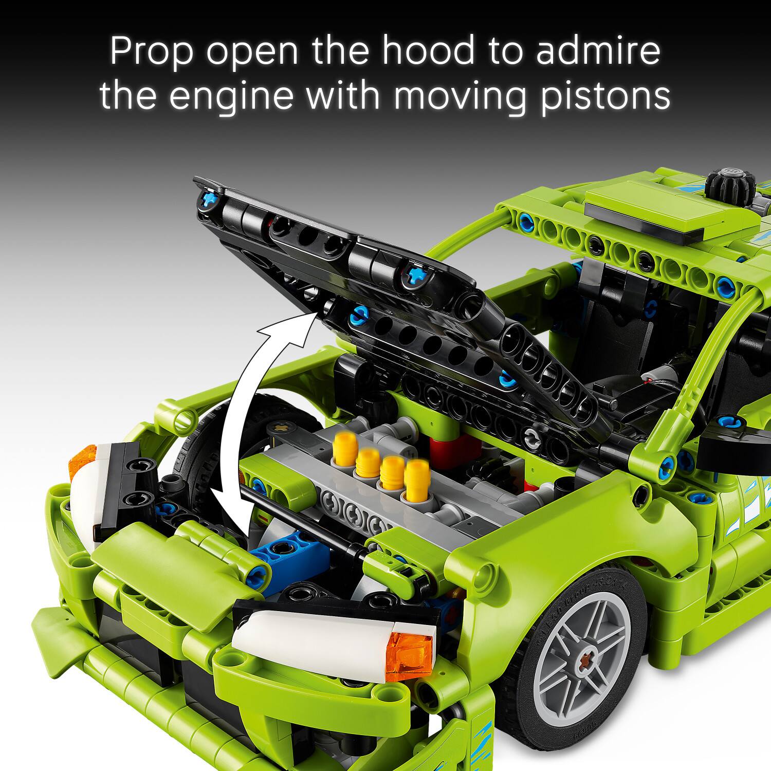 Prop open the hood to admire the engine with moving pistons
