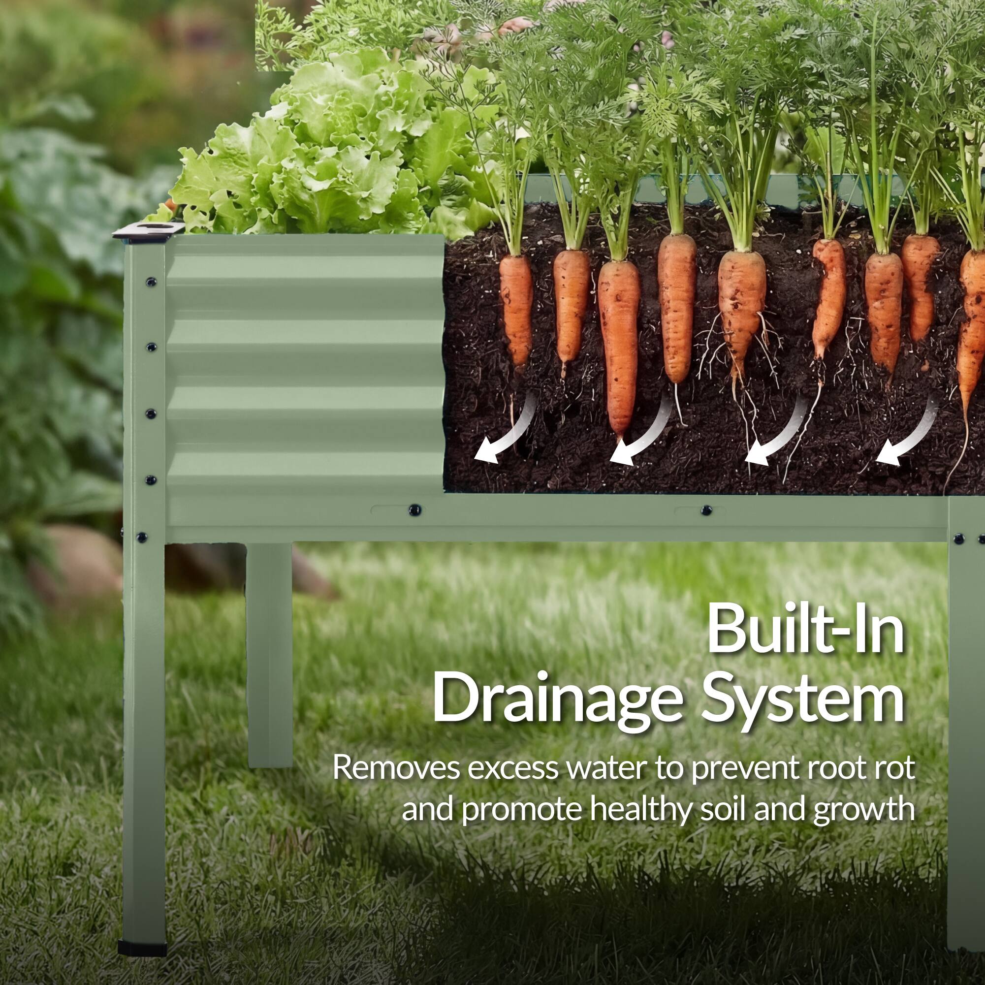 Built-In Drainage System  
Removes excess water to prevent root rot and promote healthy soil and growth