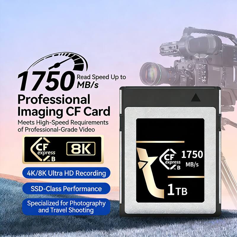 Read Speed Up to 1750 MB/s  
Professional Imaging CF Card  
Meets High-Speed Requirements of Professional-Grade Video  
CF 8K express  
4K/8K Ultra HD Recording  
SSD-Class Performance  
Specialized for Photography and Travel Shooting  
CF 1750 express  
1 TB