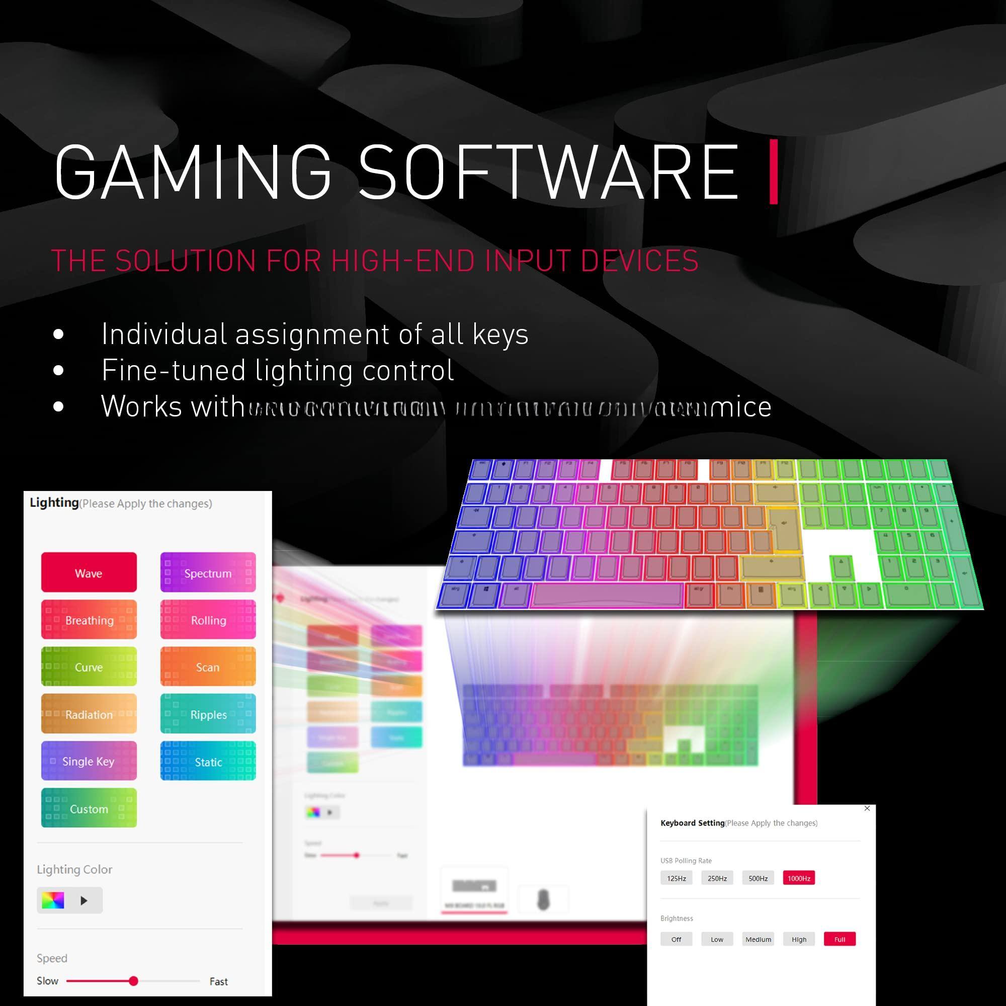 GAMING SOFTWARE  
THE SOLUTION FOR HIGH-END INPUT DEVICES

- Individual assignment of all keys
- Fine-tuned lighting control
- Works with [unintelligible] mice

Lighting (Please Apply the changes)
- Wave
- Spectrum
- Breathing
- Rolling
- Curve
- Scan
- Radiation
- Ripples
- Single Key
- Static
- Custom

Lighting Color

Speed
Slow - Fast

Keyboard Setting (Please Apply the changes)
- USB Polling Rate: 125Hz, 250Hz, 500Hz, 1000Hz
- Brightness: Off, Low, Medium, High, Full
