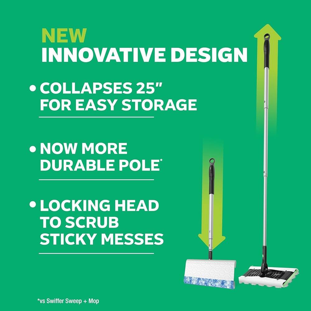 NEW INNOVATIVE DESIGN

- COLLAPSES 25" FOR EASY STORAGE
- NOW MORE DURABLE POLE
- LOCKING HEAD TO SCRUB STICKY MESSES

*vs Swiffer Sweep + Mop