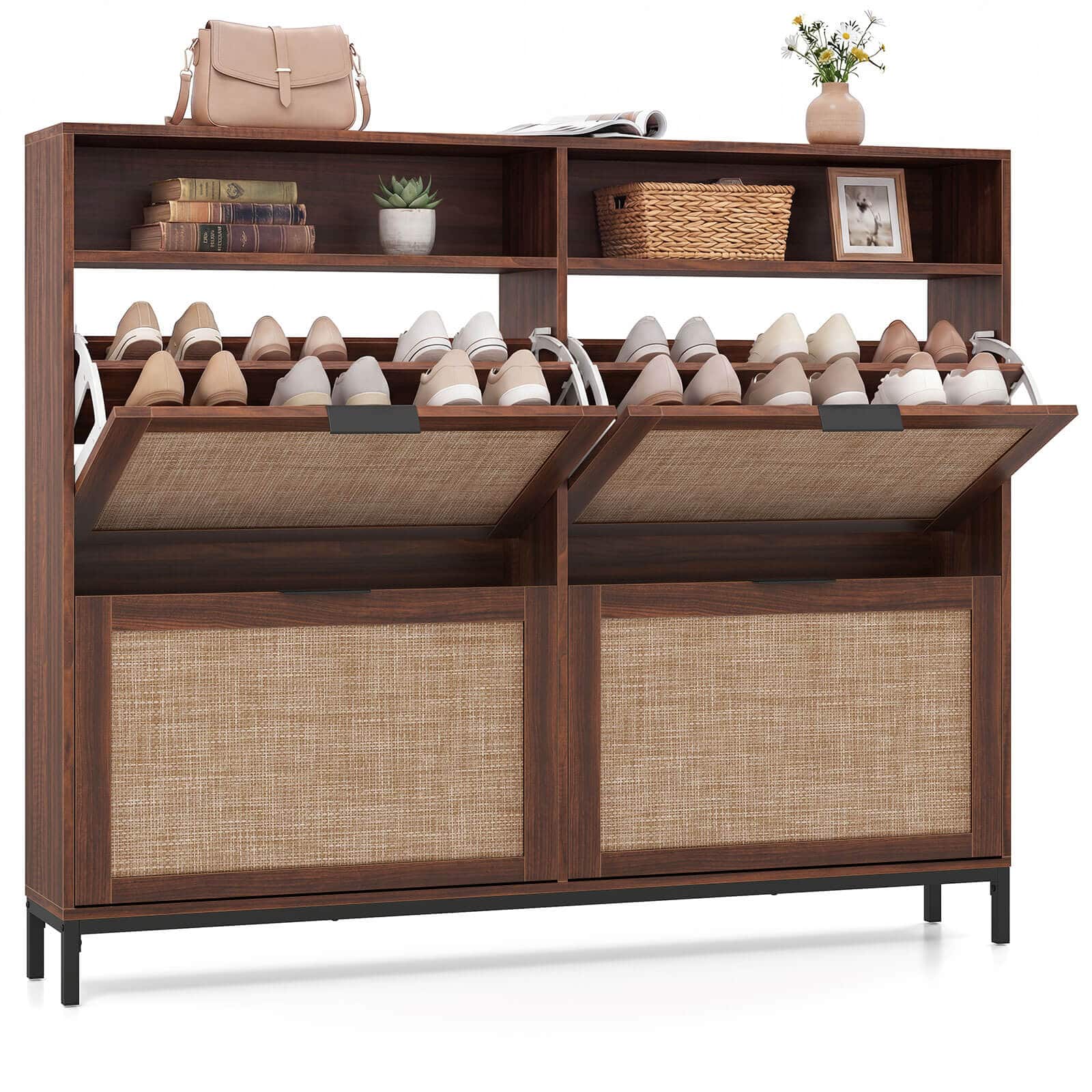 Costway - Shoe Storage Cabinet with 4 Flip Drawers, Adjustable Shelves, Open Compartments - Brown