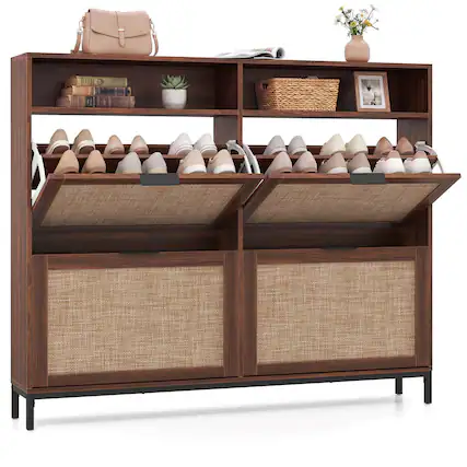 Front. Costway - Costway Shoe Storage Cabinet with 4 Flip Drawers, Adjustable Shelves, Open Compartments - Brown.