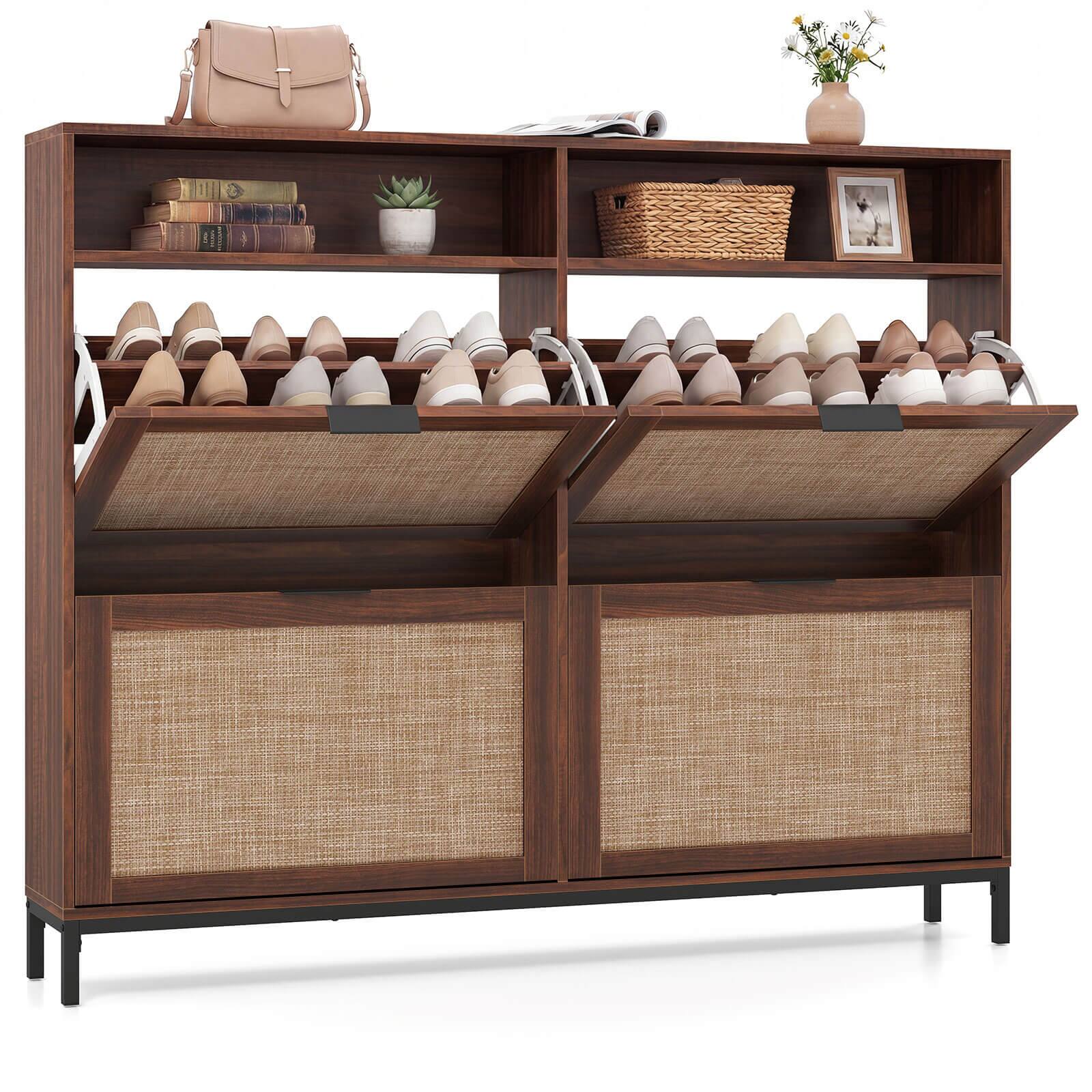 Front. Costway - Costway Shoe Storage Cabinet with 4 Flip Drawers, Adjustable Shelves, Open Compartments - Brown.