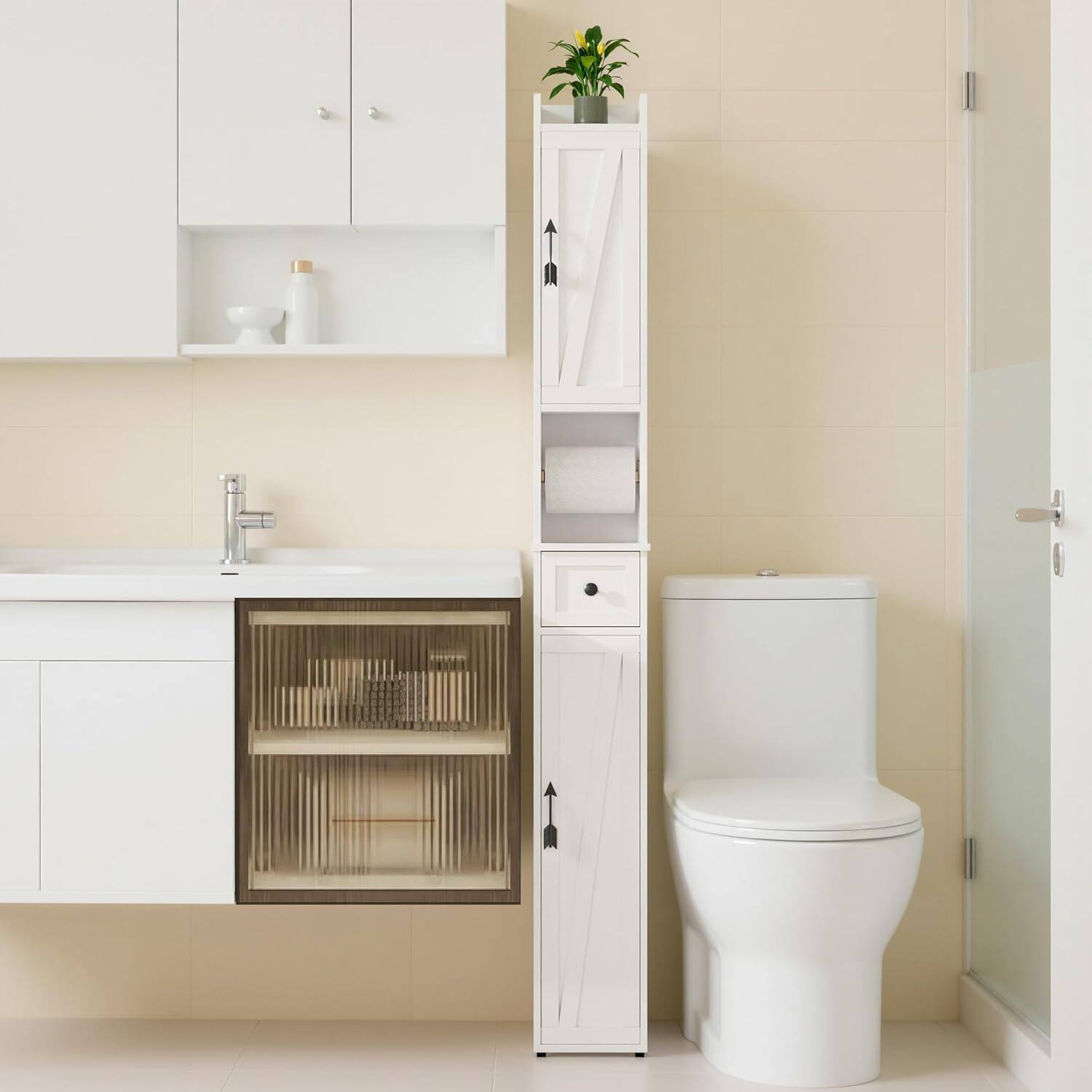 Alt View 1. Vecelo - Tall Slim Bathroom Storage Cabinet, Freestanding Waterproof Linen Tower with Adjustable Shelves for Small Spaces - Simple.