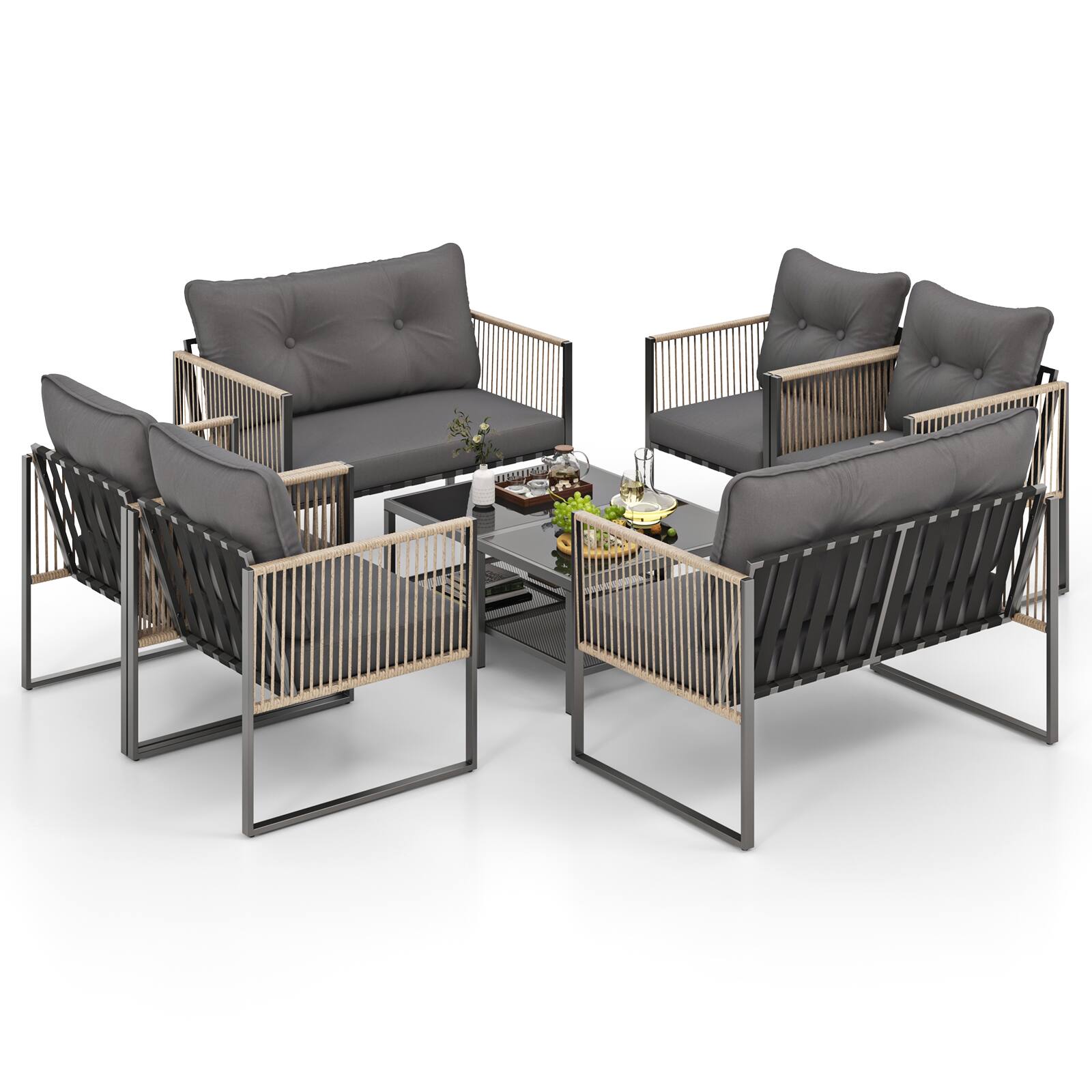 Gymax - Set Of 8 Patio Furniture Set PE Rattan Conversation Sofa Set w/ Thick Cushions - Gray