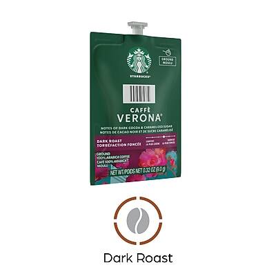 Caffè Verona  
Notes of dark cocoa and caramelized sugar  
Notes de cacao noir et de sucre caramélisé  
Dark Roast  
Torrefaction foncée  
Ground  
Moulu  
100% Arabica Coffee  
Café 100% Arabica  
Net Wt Poids Net 0.32 oz (9g)  
Dark Roast
