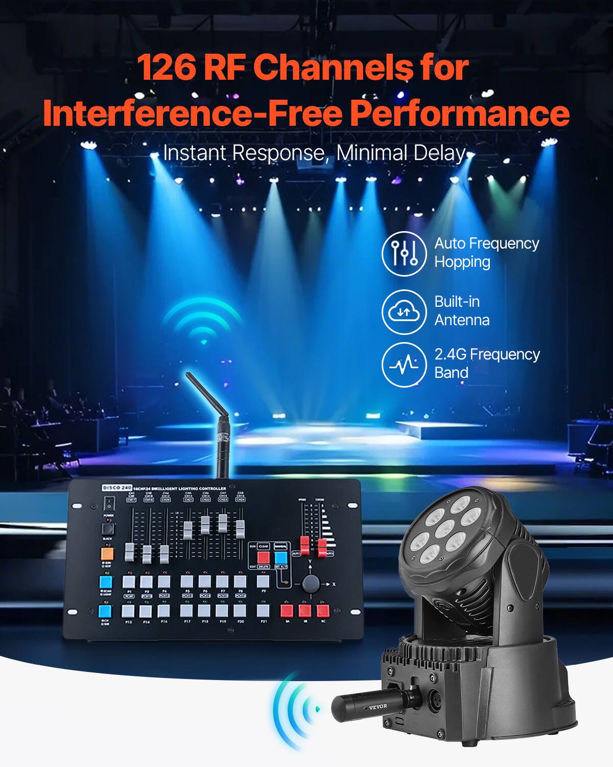 126 RF Channels for Interference-Free Performance  
Instant Response, Minimal Delay  

- Auto Frequency Hopping  
- Built-in Antenna  
- 2.4G Frequency Band  

DISCO 240  
VEVOR