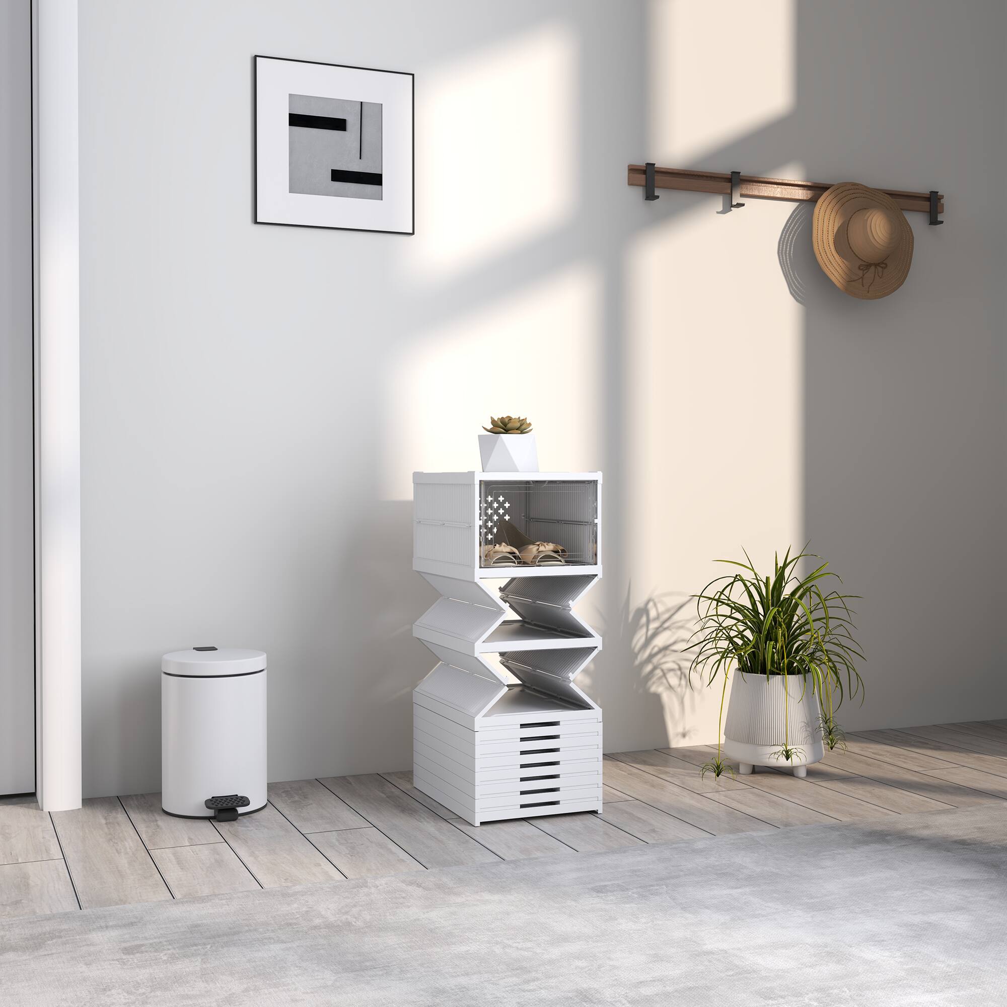 Alt View 8. Homcom - 10 Pack Foldable Shoe Organizer, Plastic No Assembly Stackable Shoe Storage Box with Clear Door, Space Saving - White.