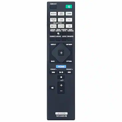 HDMI OUT
BD/DVD
SATI
CATV
GAME
SA-CD/CD
USB
TV
SELECTOR
WATCH
LISTEN
FM
CUSTOM
MUSIC
BLUETOOTH
FRONT
RJ/TX
SURROUND
2CH/MULTI
MOVIE
MUSIC
DSD NATIVE
DISPLAY
AMP MENU
OPTIONS
HOME
PRESET-
PRESET+
AV SYSTEM
RMT-AA320U