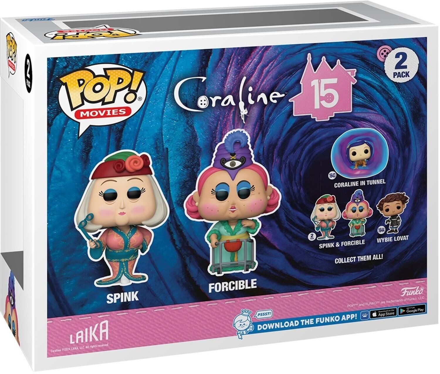 Sure, here is the corrected and grouped text from the image:

---

**POP! MOVIES**

**Coraline**

**15**

**2 PACK**

**SPINK**

**FORCIBLE**

**CORALINE IN TUNNEL**

**SPINK & FORCIBLE**

**WYBIE LOVAT**

**COLLECT THEM ALL!**

**LAIKA**

**Coraline ©2009 LAIKA, LLC. All rights reserved.**

**Funko**

**DOWNLOAD THE FUNKO APP!**

**Google Play**

**App Store**

**Funko POP! and FLAKO are trademarks of Funko, LLC.**

---

This text is organized to reflect the information on the packaging.