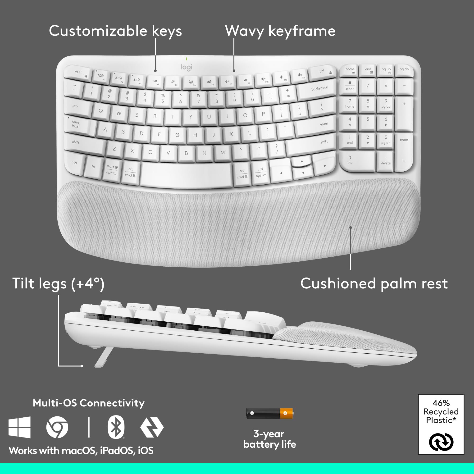 Customizable keys  
Wavy keyframe  
Tilt legs (+4°)  
Cushioned palm rest  
Multi-OS Connectivity  
Works with macOS, iPadOS, iOS  
3-year battery life  
46% Recycled Plastic*