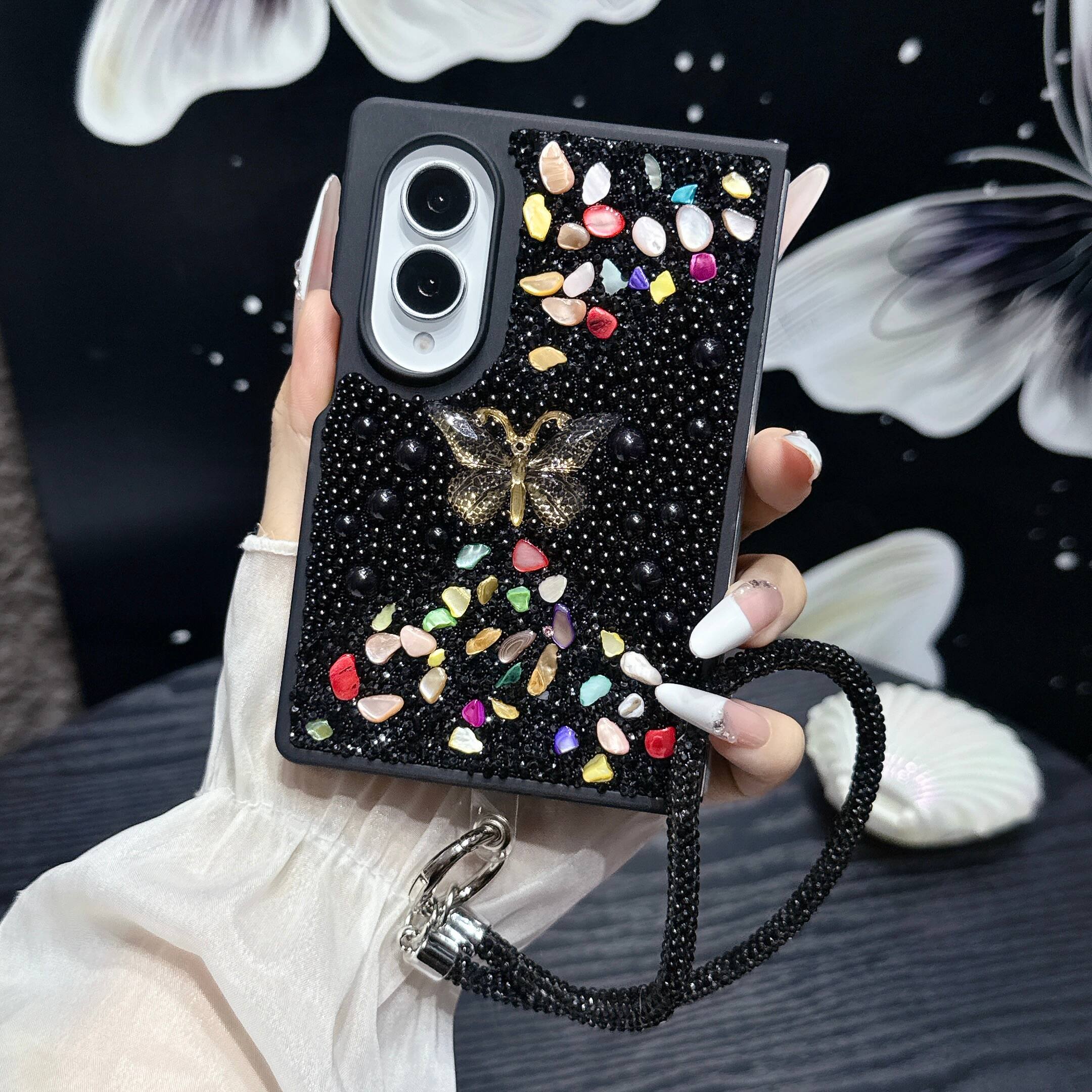 Angle. Dteck - Diamond Case for Samsung Galaxy Z Fold 8, Sparkle Glitter Rhinestone Butterfly Phone Cover with Strap - Black.